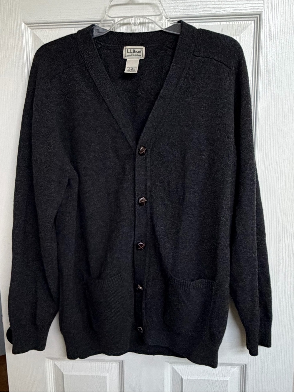 LL Bean Mens 100% Lambswool Cardigan V Neck Button Up Sweater Charcoal L Tall